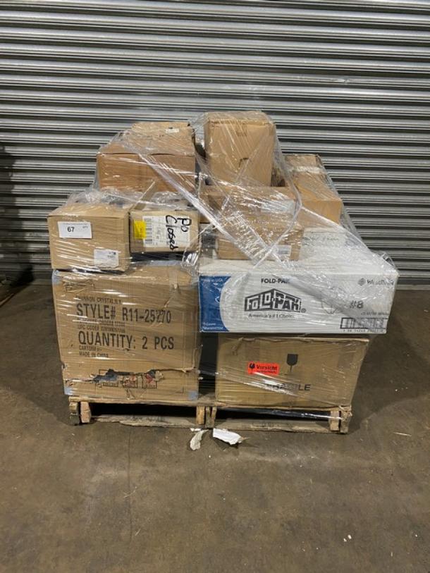 Mixed pallet with Arcoroc, Carlisle, ABC, San Jamar items; commercial kitchenware and containers, sealed and ready for auction.