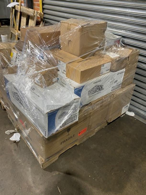 Mixed pallet of commercial kitchenware, including Arcoroc knives, Carlisle tongs, and San Jamar cutting boards, shrink-wrapped.