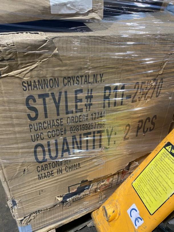 Mixed pallet of commercial kitchenware including Arcoroc dinner knives, Carlisle tongs, and more. Box labeled with "Shannon Crystal, N.Y." and product details. Items are new.