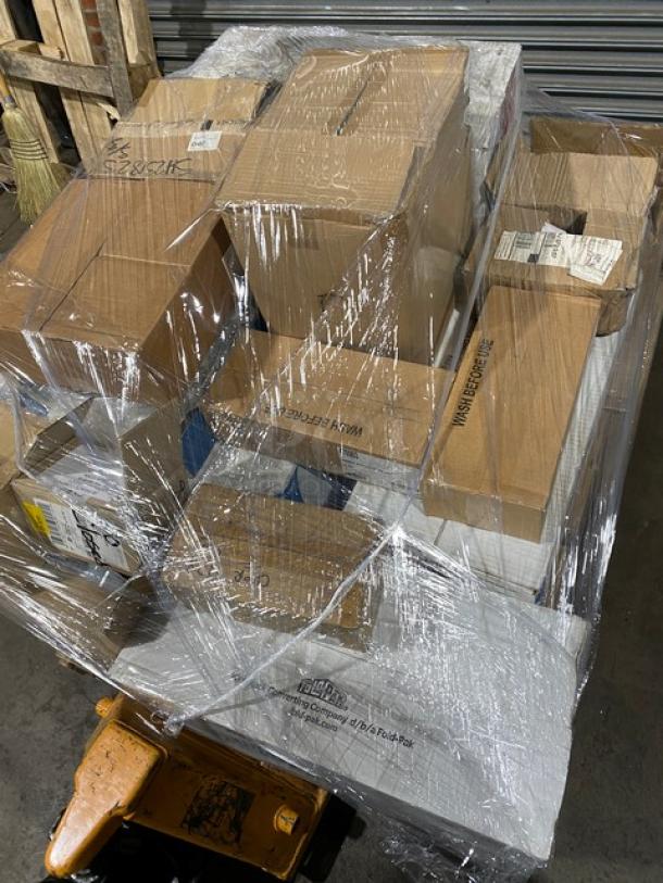 Mixed pallet with various commercial kitchen items, including Arcoroc knives, Carlisle tongs, ABC forks, San Jamar cutting boards, and Fold-Pak containers. Items appear brand new in original packaging, shrink-wrapped on a pallet.
