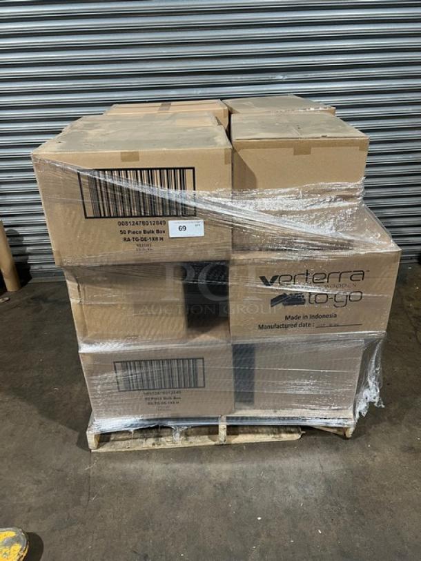 Full pallet of 50 Verterra compostable wooden to-go trays per case, model RATGDE18H, brand new with labels.