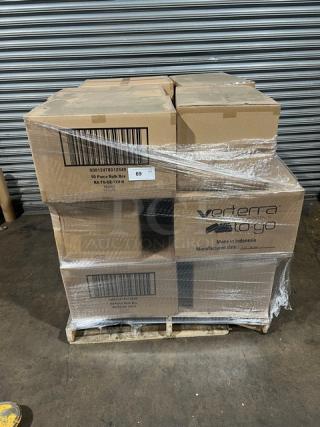 Full pallet of 50 Verterra compostable wooden to-go trays per case, model RATGDE18H, brand new with labels.