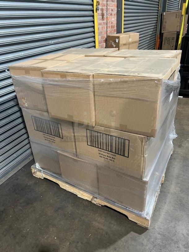 Full pallet of Verterra compostable wooden to-go trays, model RATGDE18H, 50 per case, new in sealed boxes.