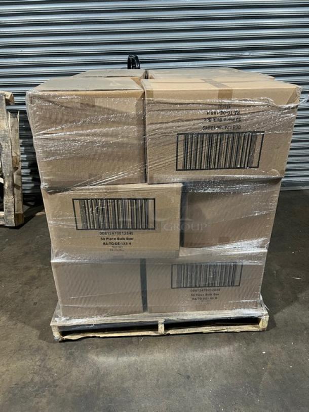 Pallet of Verterra compostable wooden to-go trays, model RA-TG-DE-1x8 H, new in sealed boxes, 50 per case.