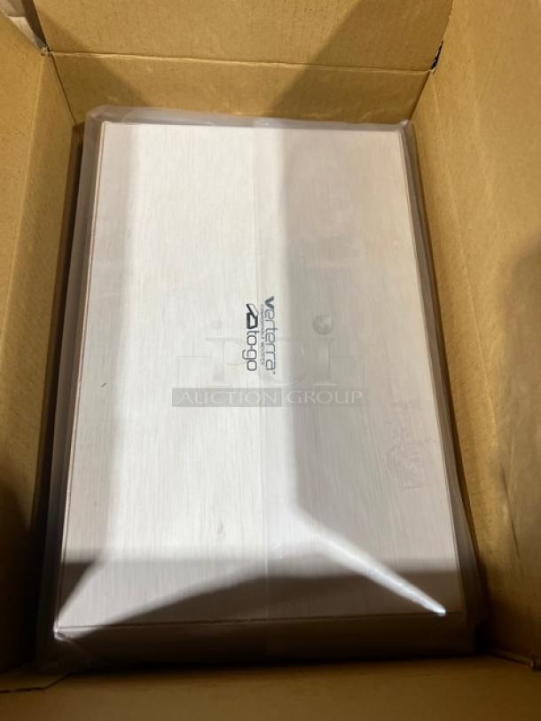 Verterra compostable wooden to-go tray in box. Model: RATGDE18H. New, labeled "Verterra To-Go." 50 trays per case.