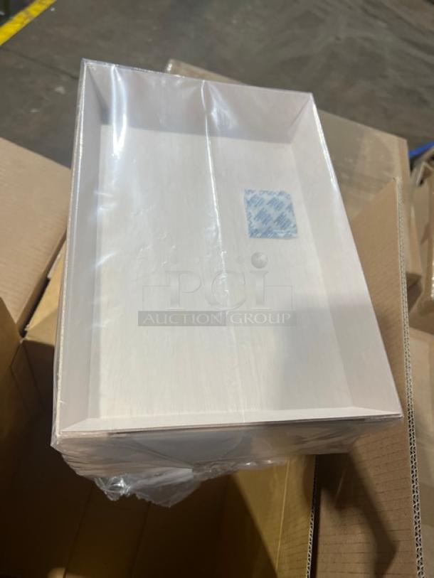 Brand new Verterra compostable wooden to-go tray, model RATGDE18H, in sealed packaging, 50 per case on a full pallet.