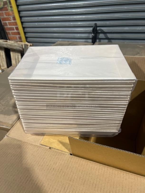 Verterra compostable to-go trays on a pallet, model RA-TG-DE-1x8 H, brand new, 50 per case, eco-friendly design.