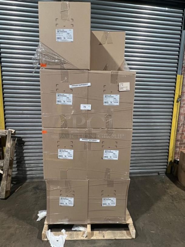 Full pallet of brand new IPL 16 oz. square tamper-evident deli containers, Model 2509500265. 700 per case. Multiple cases stacked.