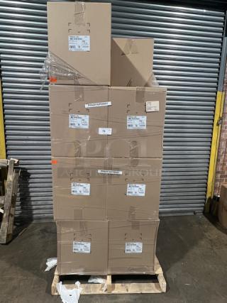 Full pallet of brand new IPL 16 oz. square tamper-evident deli containers, Model 2509500265. 700 per case. Multiple cases stacked.
