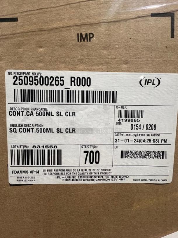 BRAND NEW full pallet of IPL 16 oz. square tamper-evident deli containers, model 2509500265, 700 per case, pristine condition.
