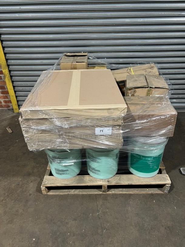 Brand new mixed pallet with Swisher softener, eco-friendly tissue, G.E.T. platter, Karat lids, and more products wrapped.