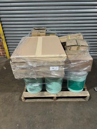 Brand new mixed pallet with Swisher softener, eco-friendly tissue, G.E.T. platter, Karat lids, and more products wrapped.