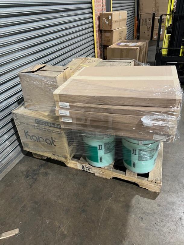 Mixed pallet containing Swisher 5 Gal. Laundry Softener, Bagcraft EcoCraft Bakery Tissue, G.E.T. Oval Platter, Karat Lid, and more.