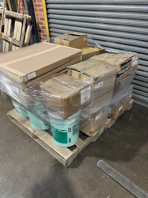 Mixed pallet with Swisher 5 Gal. Laundry Softener, Bagcraft EcoCraft Bakery Tissue, G.E.T. 18"x13.5" Oval Platter, Karat Flat Lid, and more. Items are brand new, wrapped on a pallet.