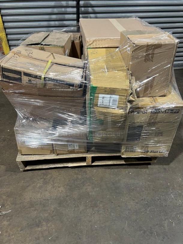 Mixed pallet with Swisher laundry softener, Bagcraft bakery tissue, G.E.T. platter, Karat lids. Brand new, shrink-wrapped.