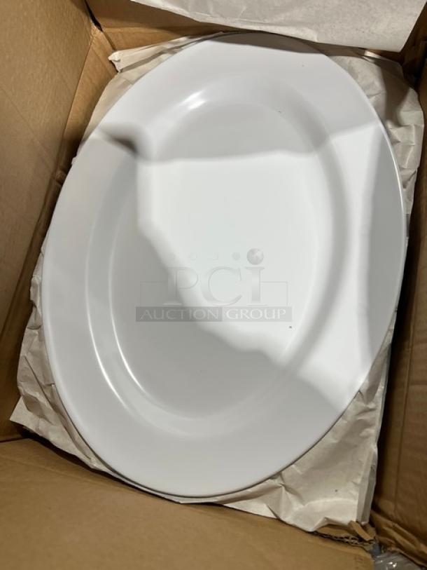 Brand new G.E.T. Commercial White 18"x13.5" Oval Platter, Model OP-618-W, in original packaging, pristine condition.