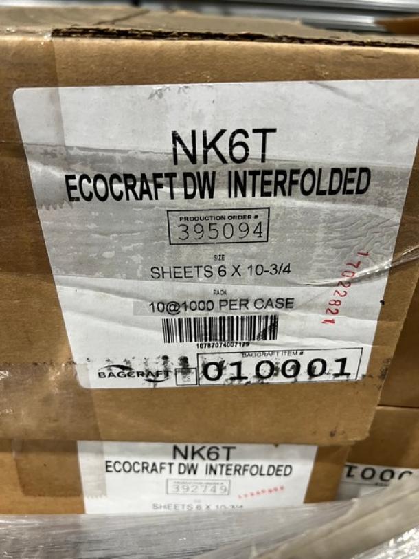 Brand new BagCraft EcoCraft Series NK6T interfolded wax tissue, 6"x10.75", full pallet, 10,000 sheets per case.