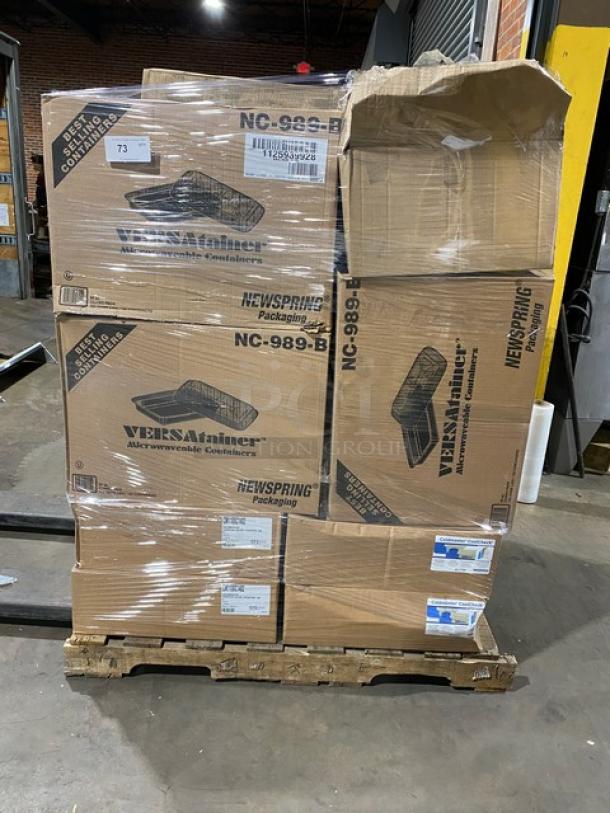 Mixed pallet with Carlisle Coldmaster food pans, Sani-Sure bamboo picks, Newspring VERSAtainer containers. Brand new, sealed.