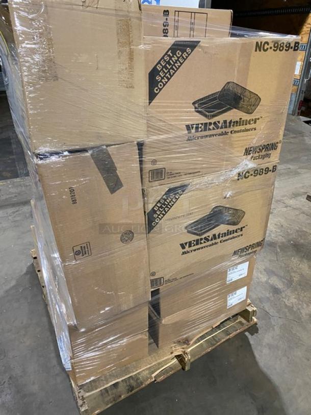 Mixed pallet with Carlisle Coldmaster food pan, Sani-Sure bamboo picks, and Newspring Pactiv VERSAtainer containers.