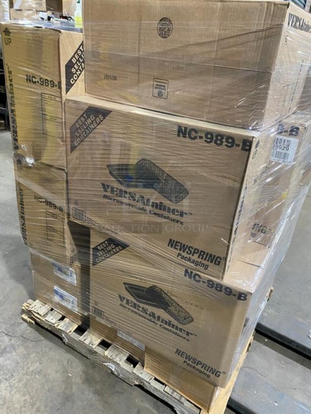 Mixed pallet of new commercial kitchen supplies including Carlisle Coldmaster food pans, bamboo paddle picks, and Newspring VERSAtainer 58 oz containers. Each clearly boxed and labeled, model codes visible.