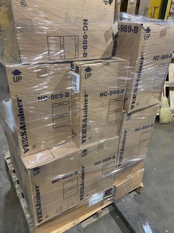Mixed pallet of commercial kitchen items including Carlisle CM1100C1402 pans, Sani-Sure OPaddle Picks, Newspring NC-989-B containers.
