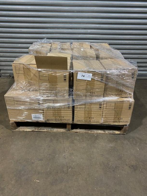 Full pallet of Chef & Sommelier Infinity Series FN512 bone white China coupe plates, 8.25", 24 per case, brand new.