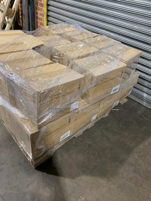 Full pallet of Chef & Sommelier Infinity Series FN512 8.25" round coupe plates, bone white, 24 per case, brand new, wrapped.