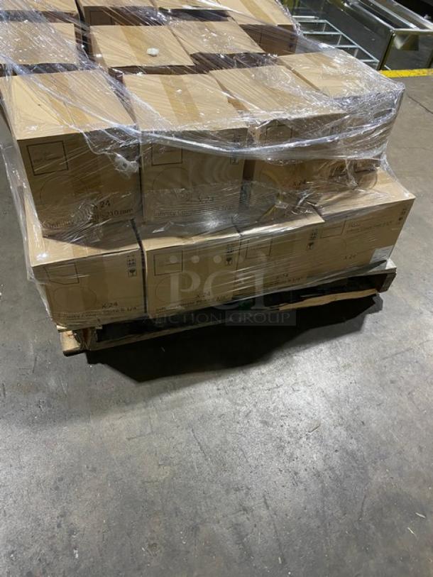 Full pallet of Chef & Sommelier Infinity Series FN512 bone white coupe plates, 8.25", 24 per case, brand new, wrapped boxes.
