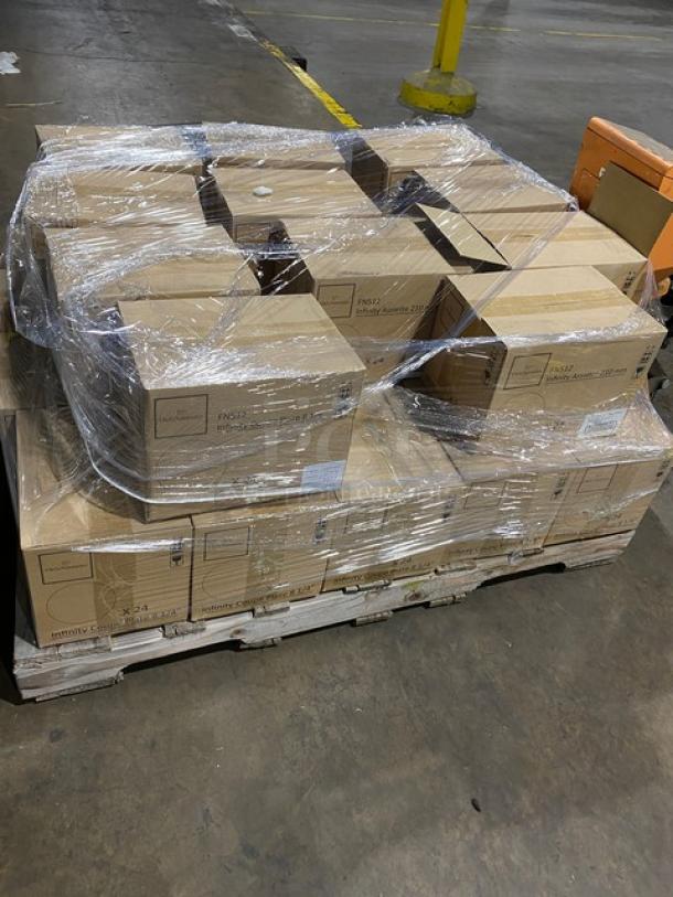 Pallet of brand new Chef & Sommelier Infinity Series FN512 plates, 8.25” round, bone white, 24 per case, wrapped in plastic.