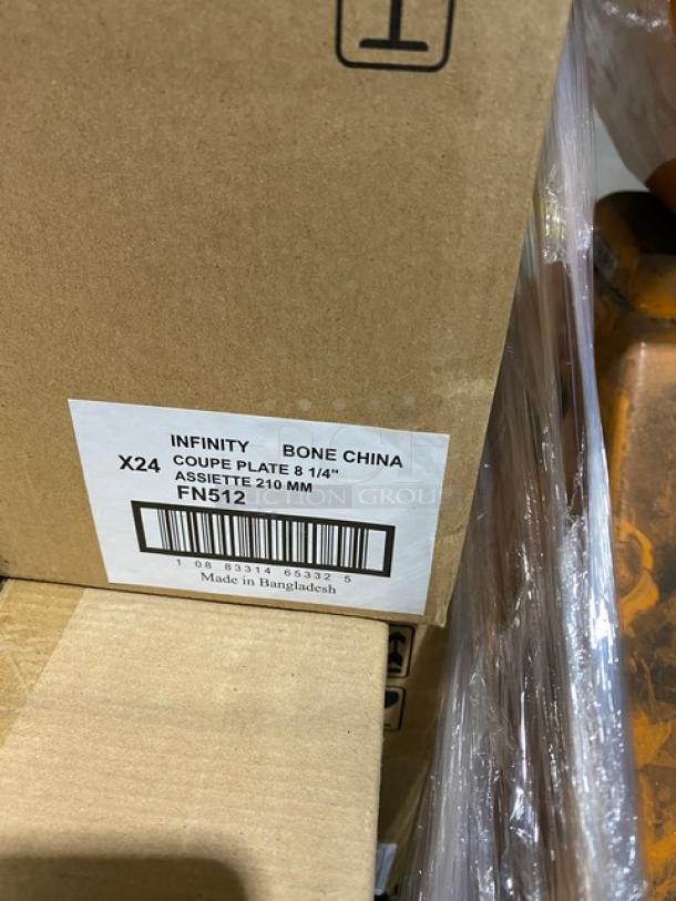 Full pallet of Chef & Sommelier Infinity Series FN512 bone white 8.25” coupe plates. 24 per case, new in box, commercial quality.