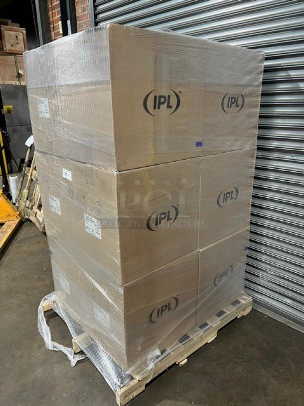 Brand new pallet of IPL 8 oz. square tamper-evident deli containers, model 2259500265, 900 per case, wrapped and labeled.