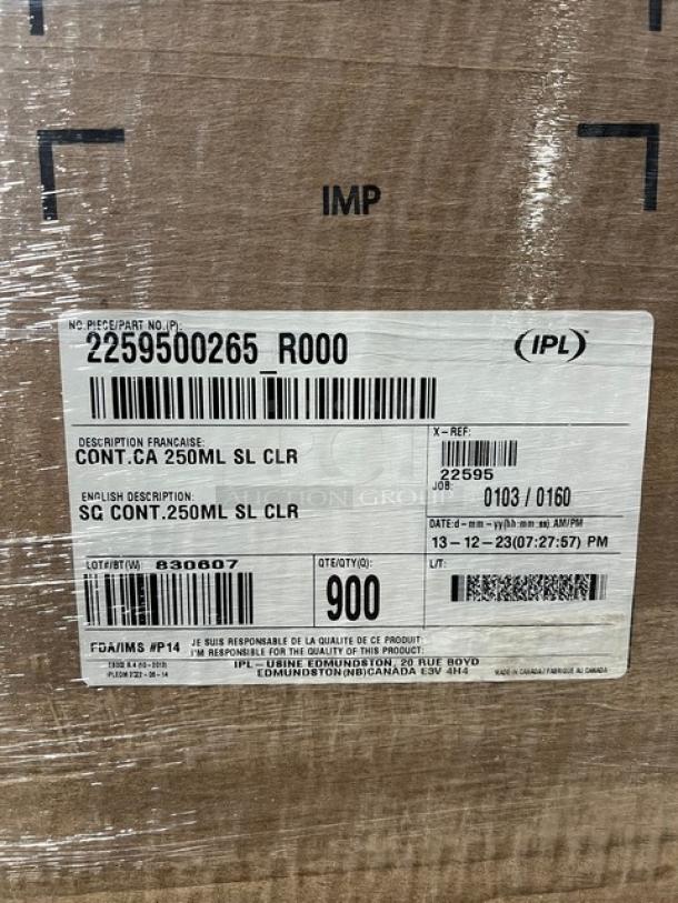 BRAND NEW! Full pallet of IPL Model 2259500265, 8 oz tamper-evident deli containers, 900 per case. Labels show case details.