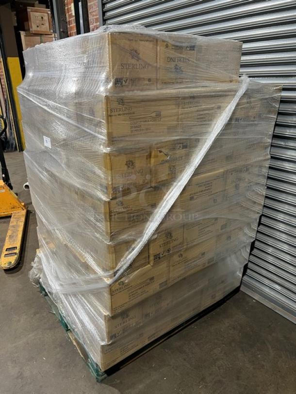 A full pallet of Sterling compostable forks, model MM-GP3FK651M, brand new, 1,000 per case, wrapped in plastic.