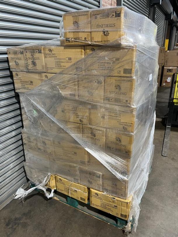 Full pallet of Sterling MMGP3FK651M compostable forks, 6.5-inch, 1,000 per case, shrink-wrapped, brand new condition.