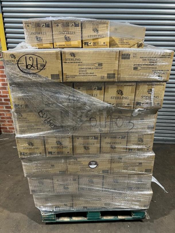Sterling compostable forks pallet, model MM-GP3FK651M, new in 1,000-piece cases, wrapped and labeled; 6.5" white forks.