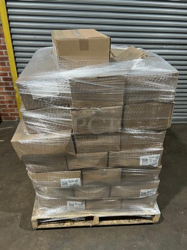 Full pallet of BagCraft Model 300496 white foil insulator quart sandwich bags, 500 per case, brand new, shrink-wrapped.