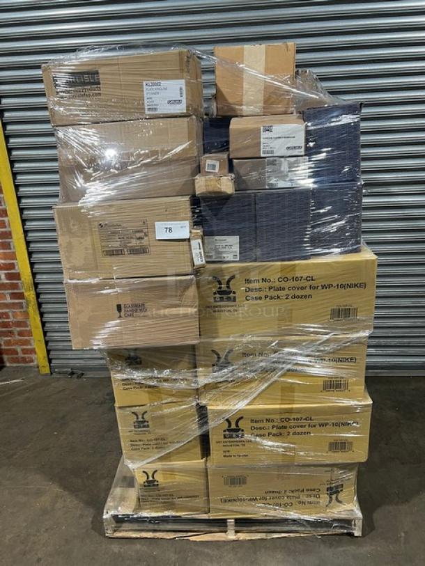 Mixed pallet of commercial kitchenware, brand new, with sealed boxes containing G.E.T. Evolution plate covers, Carlisle ramekins and dinner plates, Pasabahce glass cups, and more.