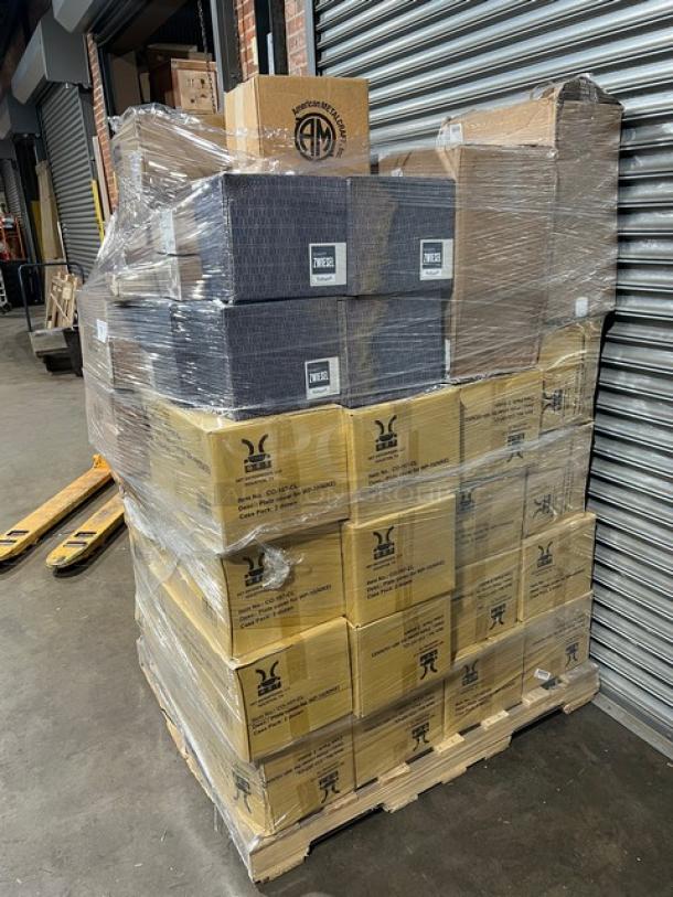 Mixed pallet of commercial dinnerware, sealed in plastic. Contains G.E.T. plate covers, Carlisle ramekins, plates, tumblers, Pasabahce cups.