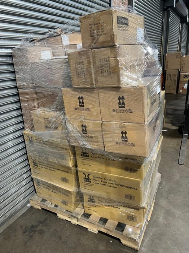 Brand new mixed pallet with G.E.T. Evolution Series plate covers, Carlisle ramekins, dinner plates, Pasabahce ice cream cups, and more.