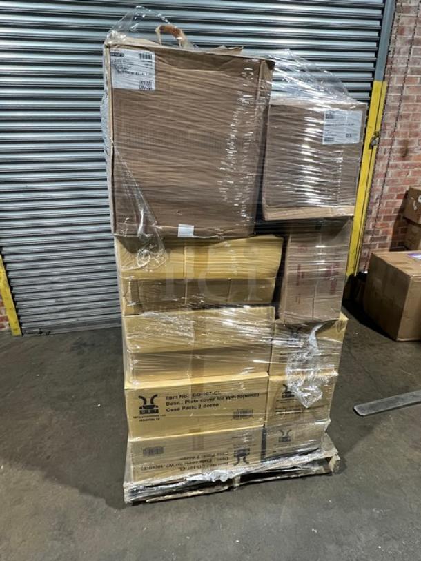 Mixed pallet of brand new commercial kitchen items, including G.E.T. Evolution plate covers, ramekins, dinner plates, glass cups, storage containers, and tumblers; wrapped and labeled for auction.