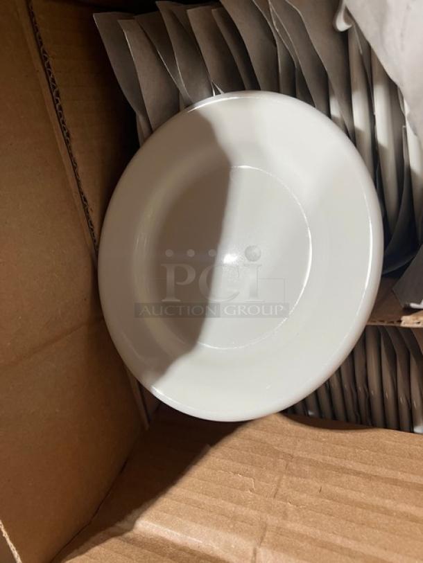 Box of Carlisle Kingline Series 9” white melamine dinner plates, model KL20002, new and stacked, 48 per case.