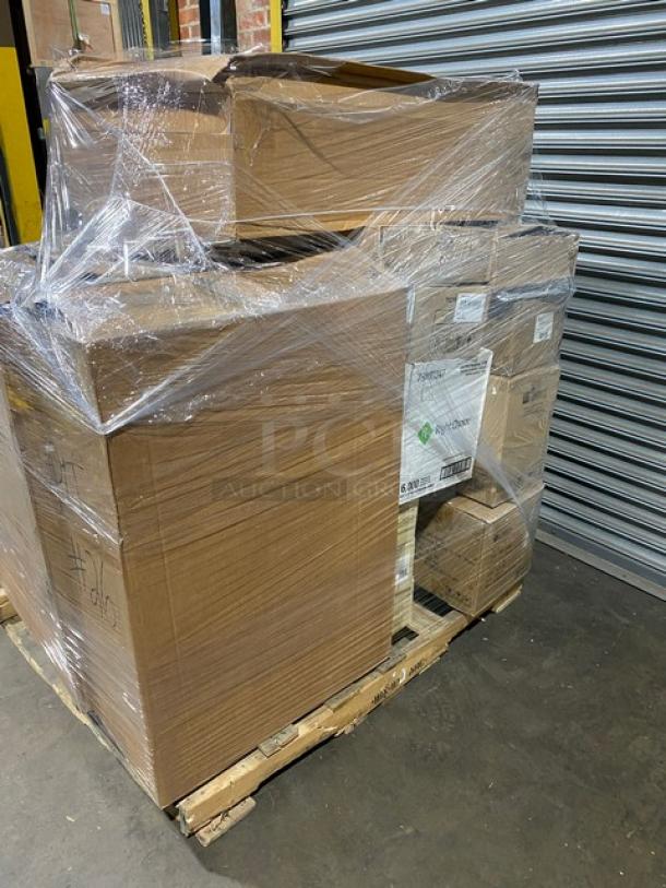 Mixed pallet of brand new commercial items, shrink-wrapped; includes Luigi Bormioli tumblers, Carlisle ramekins, Steelite knives, Libbey plates, and Right Choice napkins.