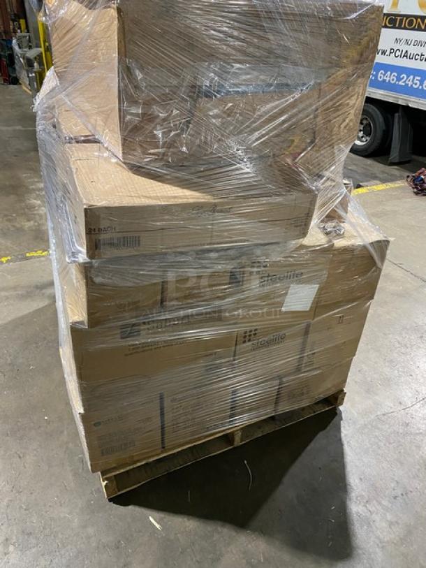Mixed pallet of commercial dining items, including Luigi Bormioli glass tumblers, Carlisle ramekins, Steelite knives, and more, in sealed boxes.