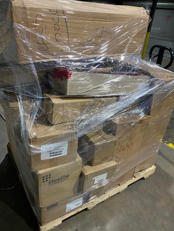 Mixed pallet with Luigi Bormioli PM485 glasses, Carlisle 41042 ramekins, Steelite knives, Libbey plates, Right Choice napkins.