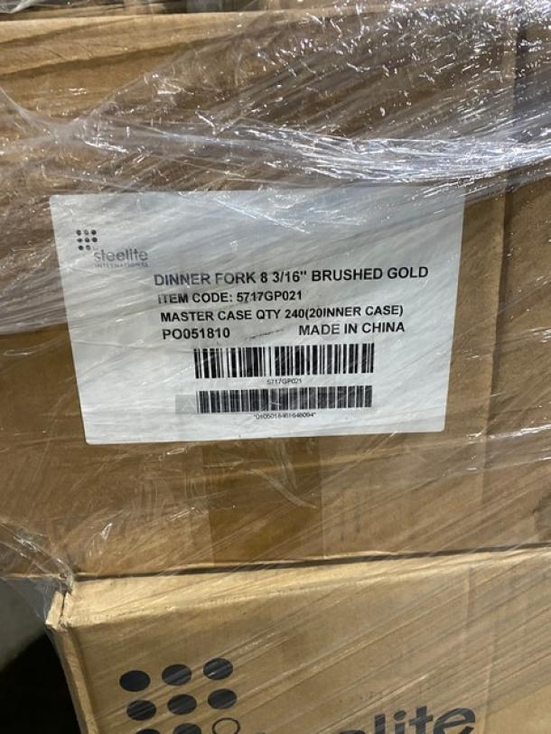 Mixed pallet with Steelite International Varick Lissome brushed gold stainless steel dinner knife, 240 per case, Model: 5717GP021. Marked "Made in China."