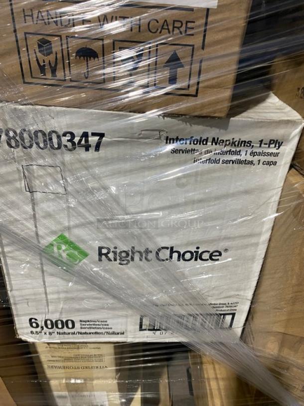 Mixed pallet with Right Choice 1-ply interfold napkins, model 78000347. Visible branding, 6,000 per case. New condition.