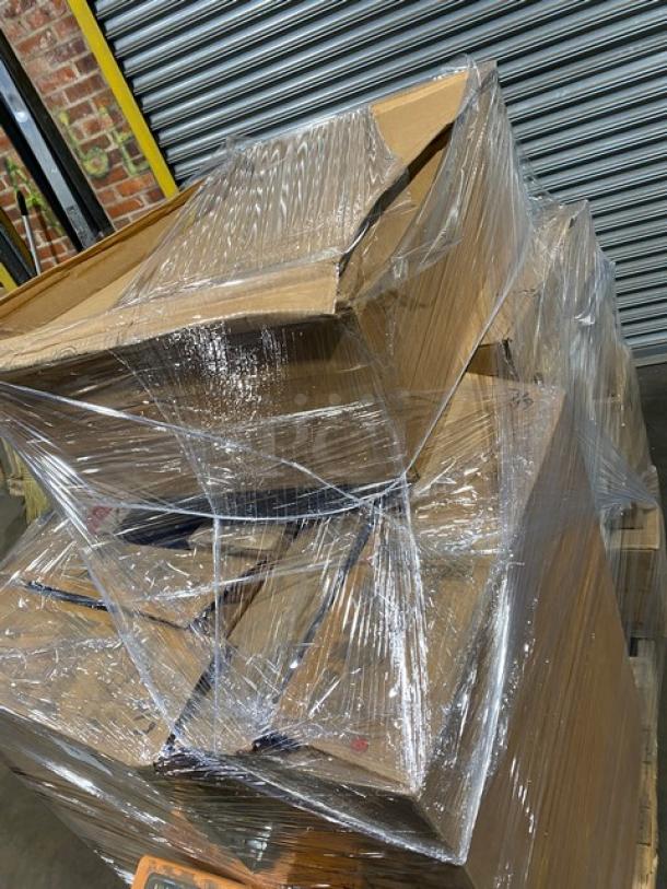 Mixed pallet of brand new commercial kitchenware items wrapped in plastic. Includes Luigi Bormioli tumblers, Carlisle ramekins, Steelite knives, Libbey plates, and Right Choice napkins.