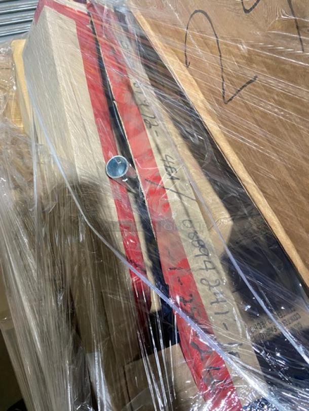 Mixed pallet of commercial kitchenware items, wrapped in plastic. Visible brands: Luigi Bormioli, Steelite, Libbey.