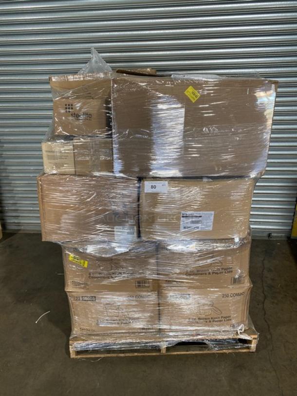 Mixed pallet of brand new commercial kitchenware in original boxes, including Craster, Schonwald, and Steelite items.