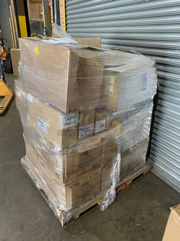 Mixed pallet of commercial kitchenware including porcelain tilt bowls, trays, sugar holders, tongs, and soup containers. 